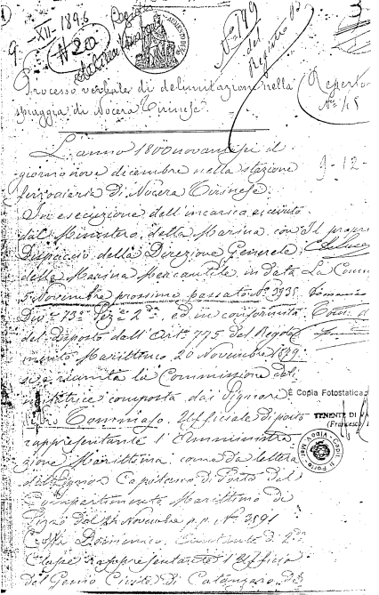 Delimitazione del 1896 dei terreni nei pressi della spiaggia della Marina di Nocera di proprietà dei fratelli marchesi De Luca.