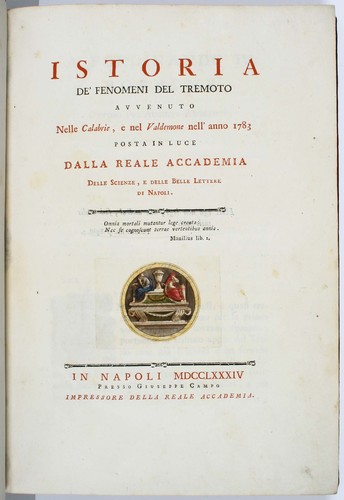 Istoria de’ Fenomeni del Tremoto avvenuto nelle Calabrie, e nel Valdemone nell’anno 1783 posta in luce dalla Reale Accademia delle Scienze, e delle Belle Lettere di Napoli, Michele Sarconi, volume pubblicato nel 1784.
